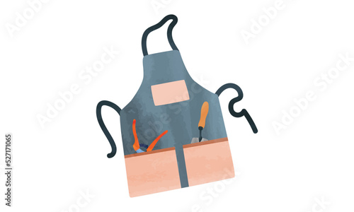 Garden apron with gardening tools trowel and pruners in the pockets watercolor hand drawn isolated on white background. Garden apron clipart drawing. Farming and gardening working protective clothes