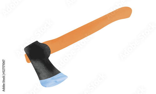 Watercolor axe with wooden handle vector illustration isolated on white background. Axe clipart. Simple axe hand drawn cartoon style. Carpenter tools clipart