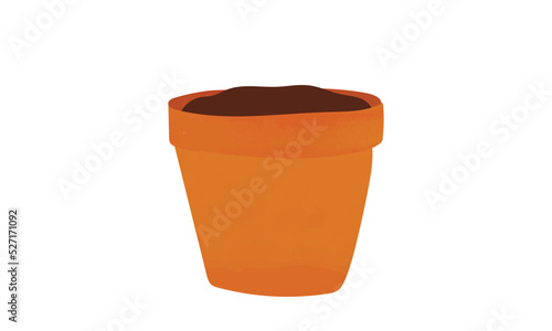 Empty flowerpot with soil watercolor drawing isolated on white background. Blank flower pot clipart. Brown plastic flower pot cartoon style. Hand drawn flower pot