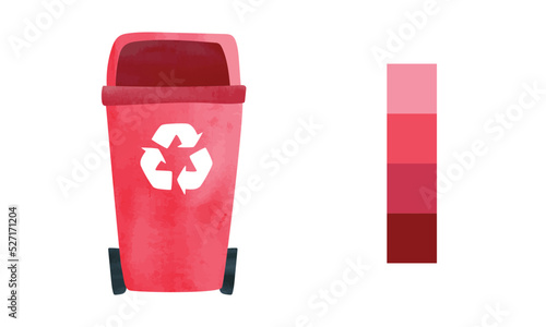 Red recycling bin with recycle symbol watercolor drawing isolated on white background. Recycle bin clipart. Rubbish can vector illustration. Simple garbage can hand drawn cartoon
