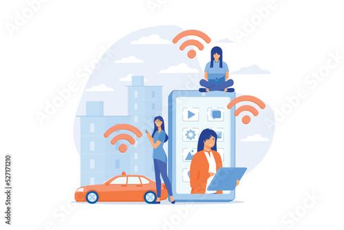 People using different electronic devices such as smartphone, laptop, tablet. Radio fields, electromagnetic pollution, radiation abstract concept. flat vector modern illustration