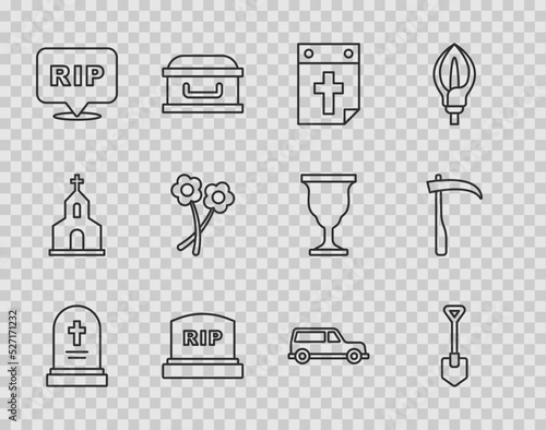 Set line Grave with tombstone, Shovel, Calendar death, Tombstone RIP written, Speech bubble rip, Flower, Hearse car and Scythe icon. Vector