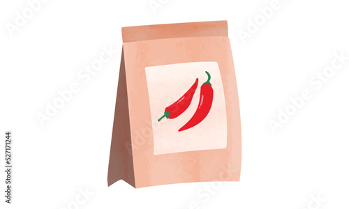 Chilli seeds package watercolor illustration isolated on white. Pack of chilli pepper seeds clipart cartoon style. Vegetable seeds package watercolor drawing. Garden work. Garden package of seeds