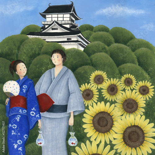 日本の夏　お城とひまわりと浴衣を着る男女　手描きイラスト
