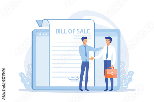 Document for purchase. Customer and purchaser deal. Buying contract. Bill of sale, written selling document, execution of a sales contract concept. flat vector modern illustration