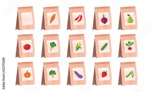 Set of vegetable seeds packages watercolor illustration isolated on white background. Packs of plant seeds clipart cartoon style. Vegetable seeds package watercolor collection. Tomato, spinach, radish