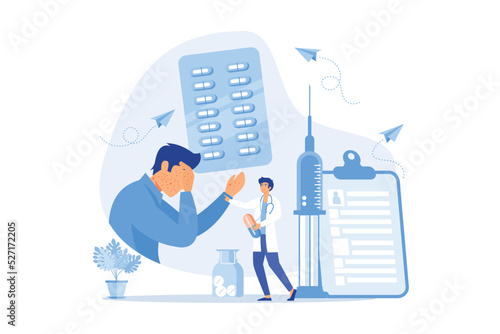 Doctors and male patient with rush on skin allergic to pills and a syringe. Drug allergy, triggers of drug allergies, allergy risk factors concept. flat vector modern illustration