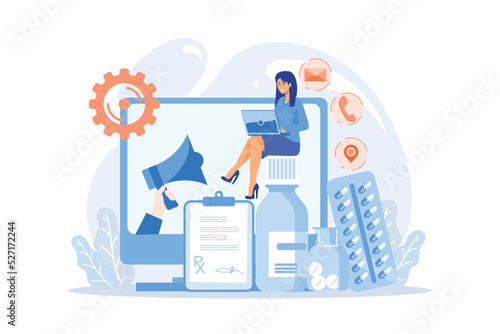 Pharmaceutical representative with laptop sitting on medicine jar. Pharmaceutical marketing, drugs advertising, continuing medical education concept. Pinkish coral bluevector vector isolated Pharmaceu