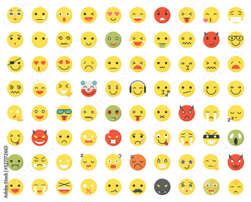 Vector Emoji Set. Funny emoticons faces with facial expressions.. All face and hand emojis vector icons illustrations collection
