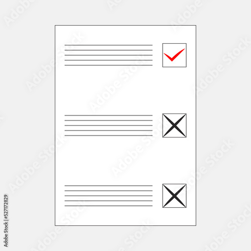 Ballot or questionnaire for voting or testing. Lines for entries on left. Cells for selection on right. Selection marked with red tick. Black slanted lines represent decision against. Completed voting photo