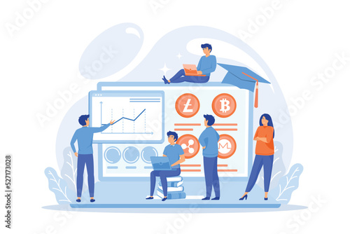 Financial literacy education, e business school. Cryptocurrency trading courses, crypto trade academy, learn how to trade cryptocurrency concept. flat vector modern illustration