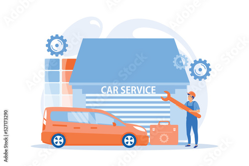 Auto tuner with wrench and toolbox doing vehicle modification at car service. Car tuning, car body shop, vehicle music upgrade concept. flat vector modern illustration