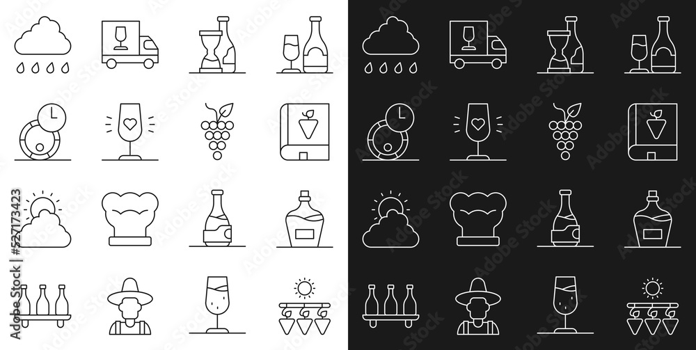 Set line Drying grapes, Old bottle of wine, Book about, Bottle, Wine glass, Wooden barrel for, Cloud with rain and Bunch icon. Vector