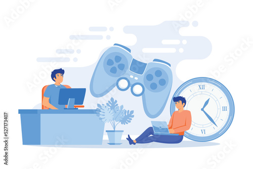 Tiny people gamers playing online video game, huge joystick and clock. Gaming disorder, video gaming addiction, decreased attention span concept. flat vector modern illustration