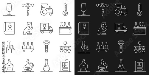 Set line Cardboard box of wine, Drying grapes, Bottles, Tractor, Wine tasting, degustation, Book about, glass and truck icon. Vector