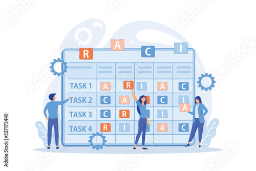 Tiny business people at responsibility chart with tasks. RACI matrix, responsibility assignment matrix, linear responsibility chart concept. flat vector modern illustration