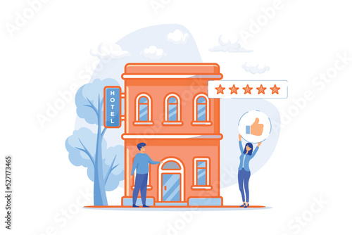 Business people with thumb up for modern trendy lifestyle hotel. Lifestyle hotel, modern hospitality trend, cutting-edge hotel concept. flat vector modern illustration