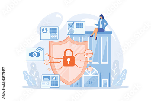 Home protection. Surveillance service. Devices for house security. Access control system, security control solutions, security management concept. flat vector modern illustration photo