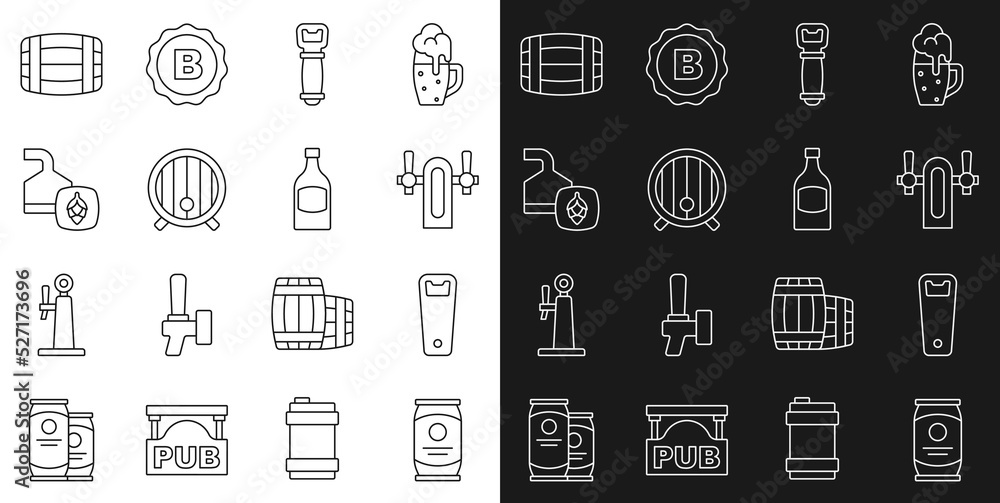 Set line Beer can, Bottle opener, tap, Wooden barrel, brewing process, and bottle icon. Vector Set line Beer can, Bottle opener, tap, Wooden barrel, brewing process, and bottle icon. Vector