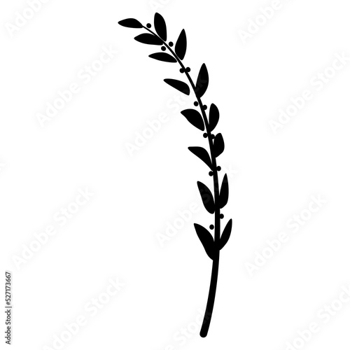 Single branch with leaves and berries. Simple floral motif. Black and white silhouette.
