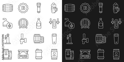 Set line Beer can, Bottle opener, tap, Wooden barrel, brewing process, and bottle icon. Vector