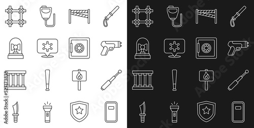 Set line Police assault shield, Telescopic baton, electric shocker, Crime scene, Hexagram sheriff, Flasher siren, Prison window and Safe icon. Vector