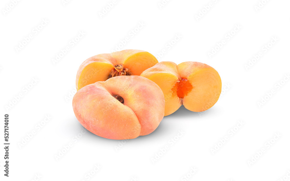 Ripe chinese flat peach fruit isolated on white background Ripe chinese flat peach fruit isolated on white background