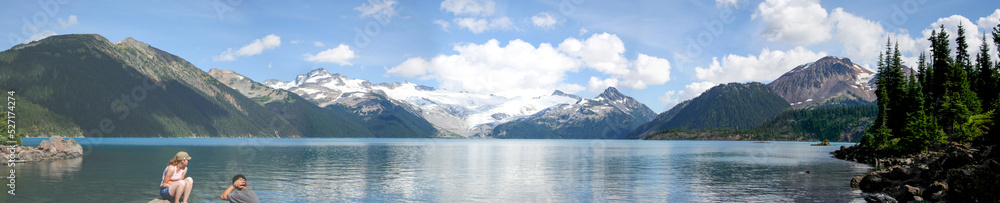 Panoramic of a man and woman sitting on the shore of Lake Garibaldi in Whistler, British Columbia Canada. Panoramic of a man and woman sitting on the shore of Lake Garibaldi in Whistler, British Columbia Canada.