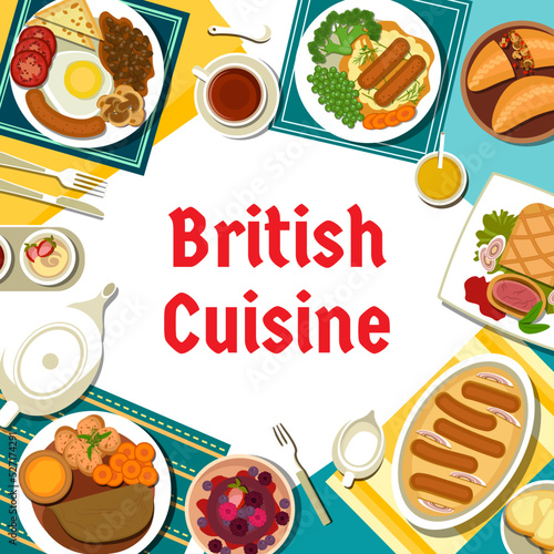 British cuisine menu cover template. Yorkshire pudding, English breakfast and berry pudding, roast beef with vegetables, bangers and mash with onion gravy, meat pastry cornish pasty, beef Wellington