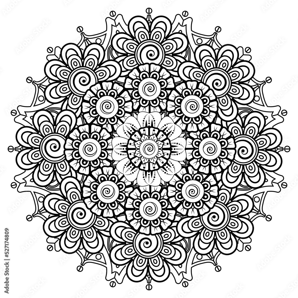 Circular pattern in form of mandala for Henna, Mehndi, tattoo, decoration. Decorative ornament in ethnic oriental style. Coloring book page. Circular pattern in form of mandala for Henna, Mehndi, tattoo, decoration. Decorative ornament in ethnic oriental style. Coloring book page.