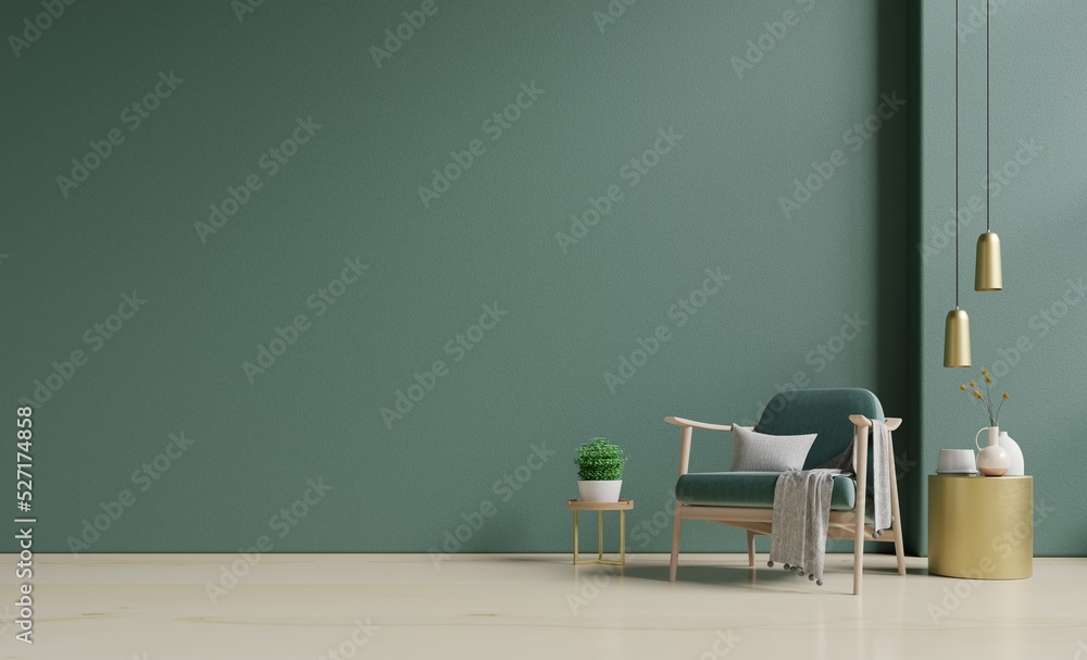 Modern interior of wall space with green armchair on empty dark green room. Modern interior of wall space with green armchair on empty dark green room.