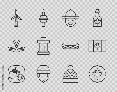 Set line Canada map, Canadian maple leaf, ranger hat, Hockey helmet, Wind turbine, Inukshuk, Beanie and Flag of icon. Vector