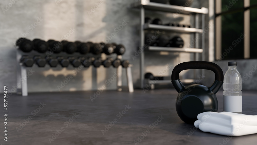 © bongkarn - Sport equipments, Kettlebell, towels, bottle water and empty space on gym floor © bongkarn - Sport equipments, Kettlebell, towels, bottle water and empty space on gym floor