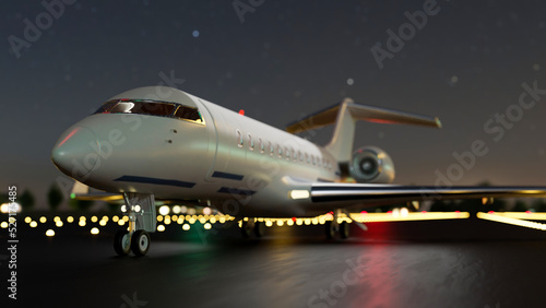 Airplane or private jet is on the airport runway at night. Airplane taking off the airport at night.