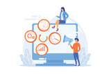 Tiny people managers plan and analyse campaign. Marketing campaign management, marketing strategy execution, campaign efficiency control concept. flat vector modern illustration