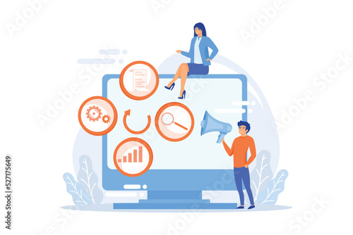 Tiny people managers plan and analyse campaign. Marketing campaign management, marketing strategy execution, campaign efficiency control concept. flat vector modern illustration