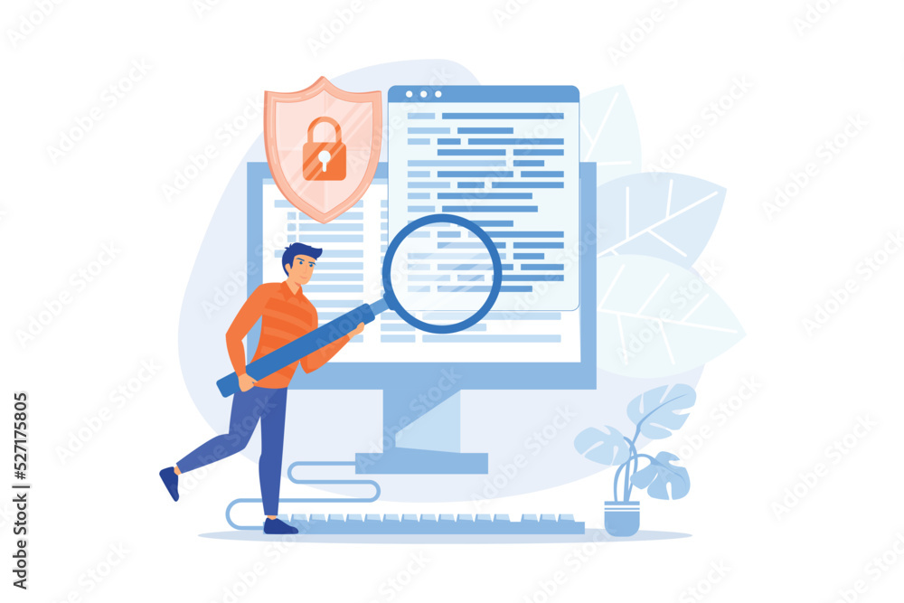 Computer forensic science. Digital evidence analysis, cybercrime investigation, data recovering. Cybersecurity expert identifying fraudulent activity. flat vector modern illustration