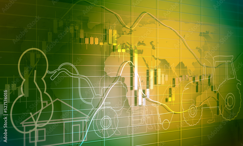 Fototapeta premium Overlayed outline icons of trees, house, tractor and farm animals. Ecologically clean area. Village in the summer. Thin line style illustration. Candlestick stock exchange background with world map