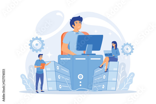 System administrators or sysadmins are servicing server racks. System administration, upkeeping, configuration of computer systems and networks concept. Pinkish coral blue palette. flat vector modern 