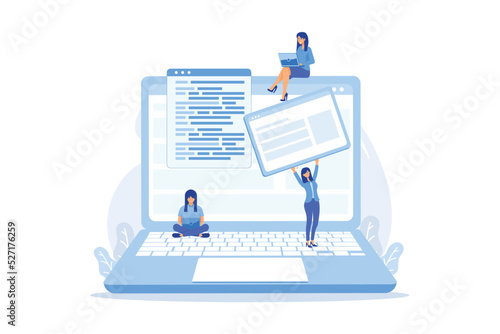 A girl makes a post on big laptop. Bloger is shareing information in weblog, online journal or informational website. Bloging and personal web log concept. Violet palette.