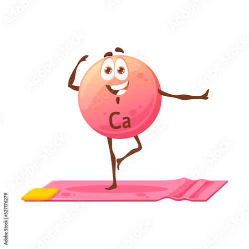 Cartoon cheerful Ca mineral character on yoga. Vector Calcium micronutrient personage health care and yoga practice. Comic funny element ball stand on mat in yogi pose on one leg at wellness class