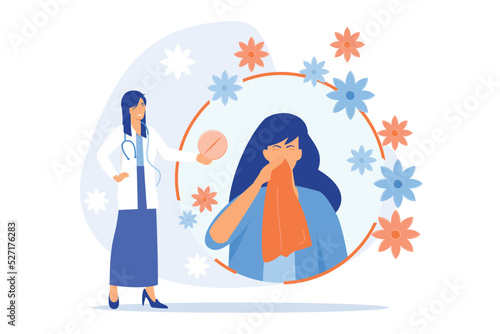Female allergic to spring flowers sneezing and taking medicine. Seasonal allergy, seasonal allergy diagnosis, pollen allergy immunotherapy concept. flat vector modern illustration photo