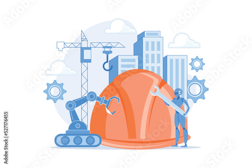 Robot with wrench and robotic arm at construction site. Robotics construction, digital construction platform, additive manufacturing concept.