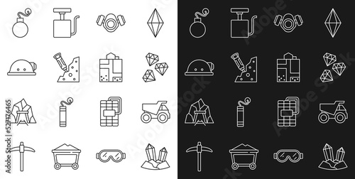 Set line Gem stone, Mining dump truck, Gas mask, Construction jackhammer, Miner helmet, Bomb and entrance icon. Vector