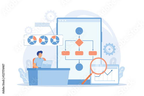 Analyst working at laptop with automation process. Business process automation, business process workflow, automated business system concept.