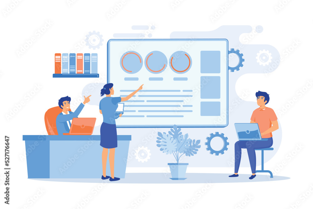 Business team with laptops look at digital presentation with charts. Digital presentation, office online meeting, visual data representation concept.flat vector modern illustration Business team with laptops look at digital presentation with charts. Digital presentation, office online meeting, visual data representation concept.flat vector modern illustration