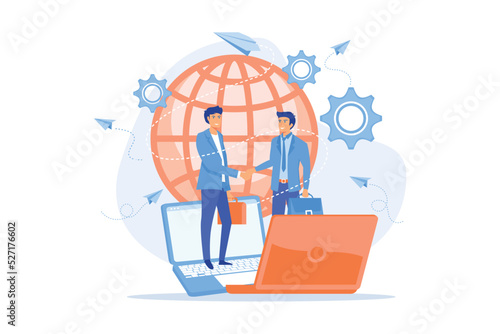 Businessmen shaking hands through laptop screens as online business, conference, meeting, network, deal, negotiations, agreement concept, pinkish coral blue palette. flat vector modern illustration