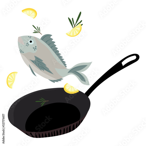 illustration in the style of kartun cooking fish with lemon in a frying pan