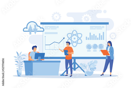 Software Engineer, Statistician, Visualizer and Analyst working on a project. Big data conference, big data presentation, data science concept. flat vector modern illustration