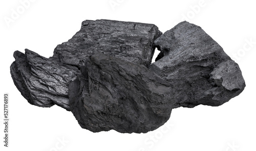Fotografie Natural wood charcoal isolated on white background, Black charcoal on white background PNG file